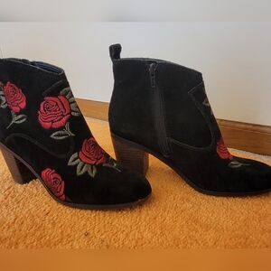 Lucky Brand Black Embroidered Ankle Boots with Red Rose Design